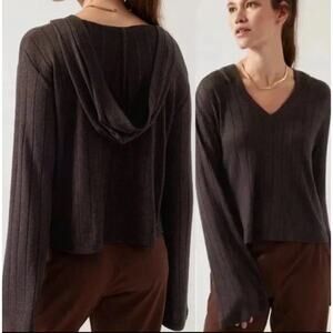 Athleta Harmony Pose Size Small Hoodie Sweater Heathered Brown V-Neck